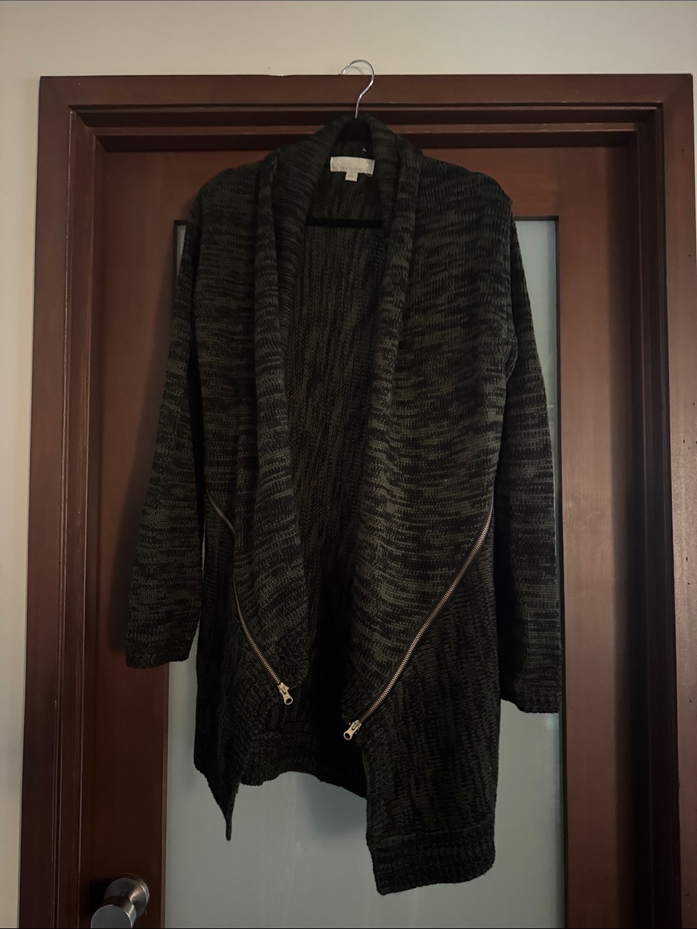 Emily Rose Dark Olive Open-Front Knit Cardigan with Zip Accents